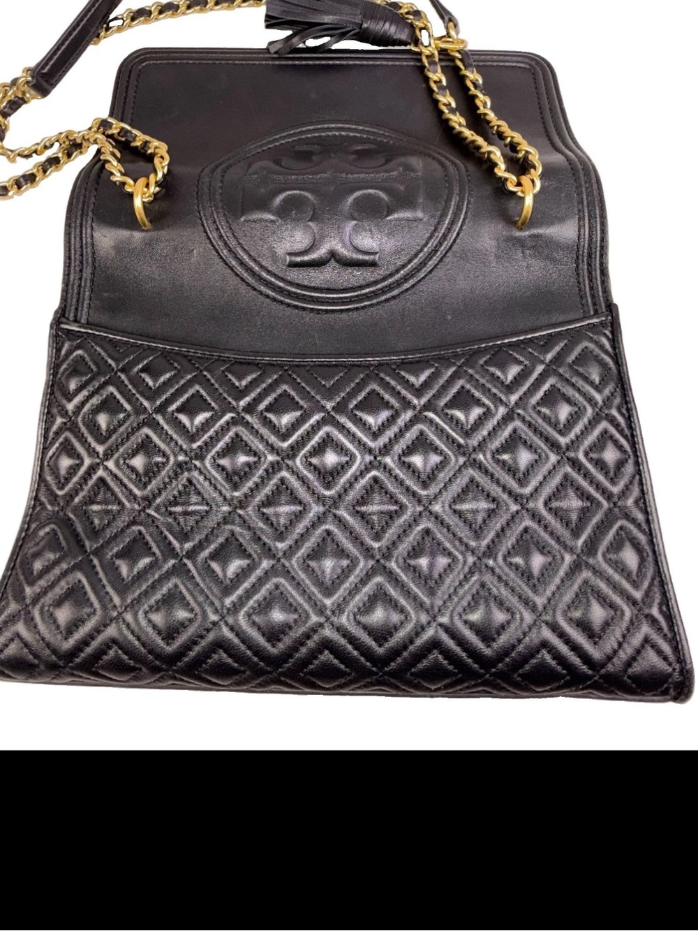 Tory Burch Black Quilted Leather Chain-Handle Shoulder Bag with Tassel